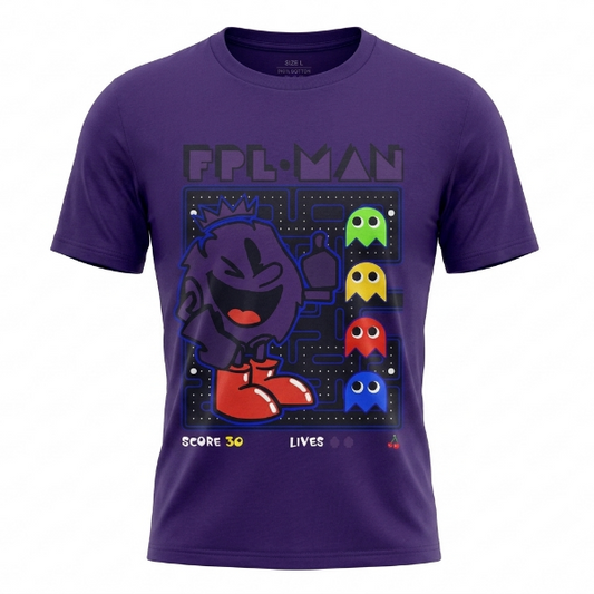 A purple short-sleeve crewneck t-shirt featuring a retro video game graphic of a Pac-Man-like character and colorful ghosts under the text 'FPL-MAN'.