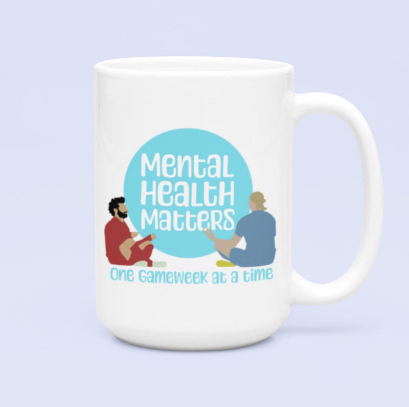 White ceramic FPL mug with Mental Health Matters design.