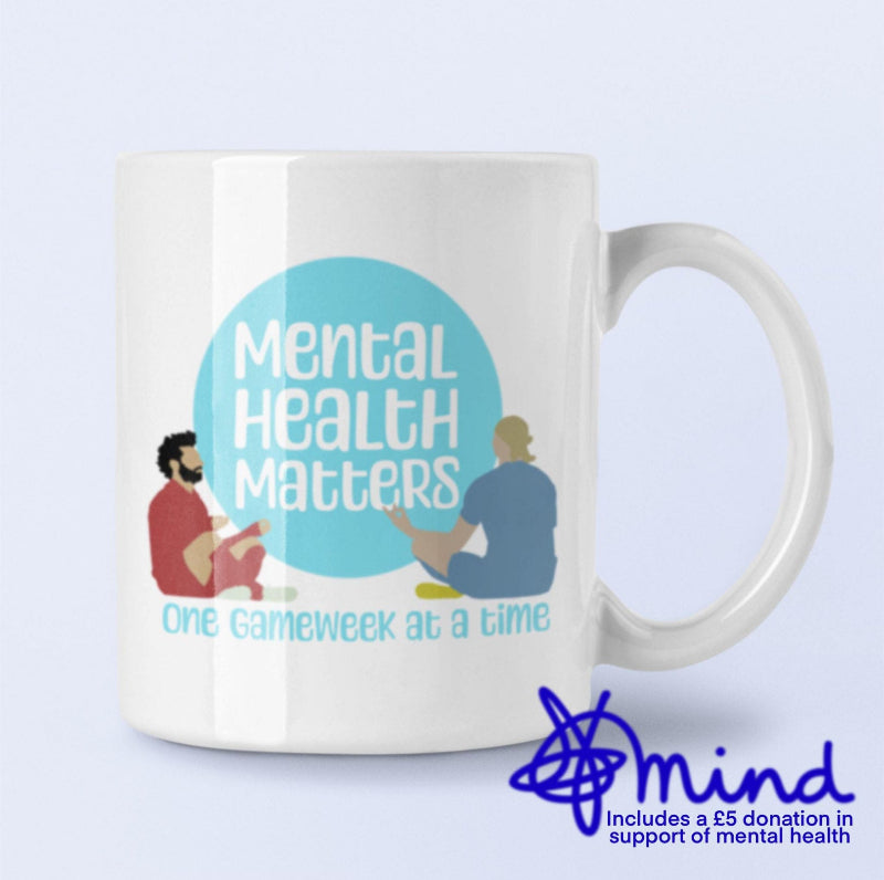 White ceramic FPL mug with Mental Health Matters design.