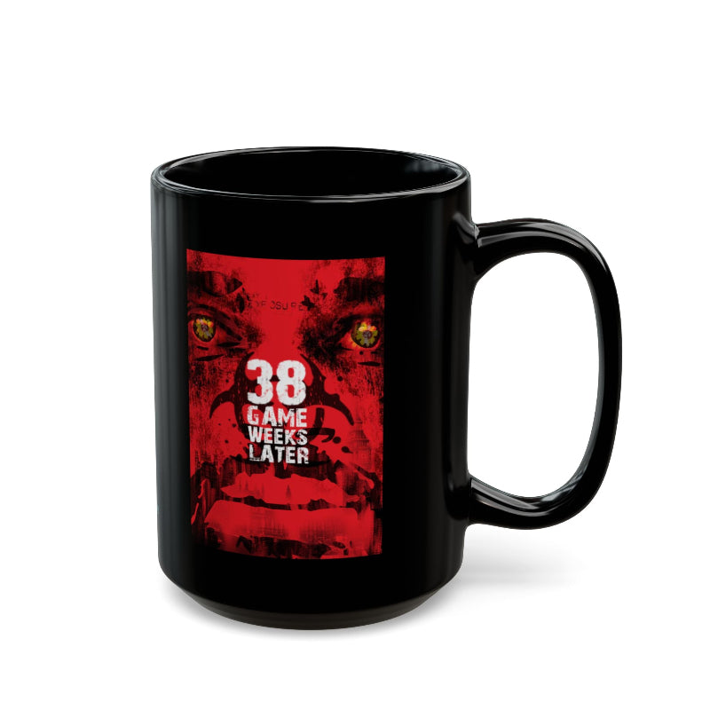 Black mug with a red graphic design featuring the text '38 Game Weeks Later' on a white background.