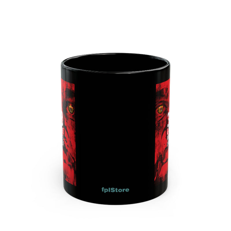 Black mug with red and black abstract design on a white background