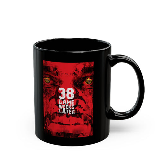 Black mug with red graphic and text '38 Game Weeks Later' on a white background