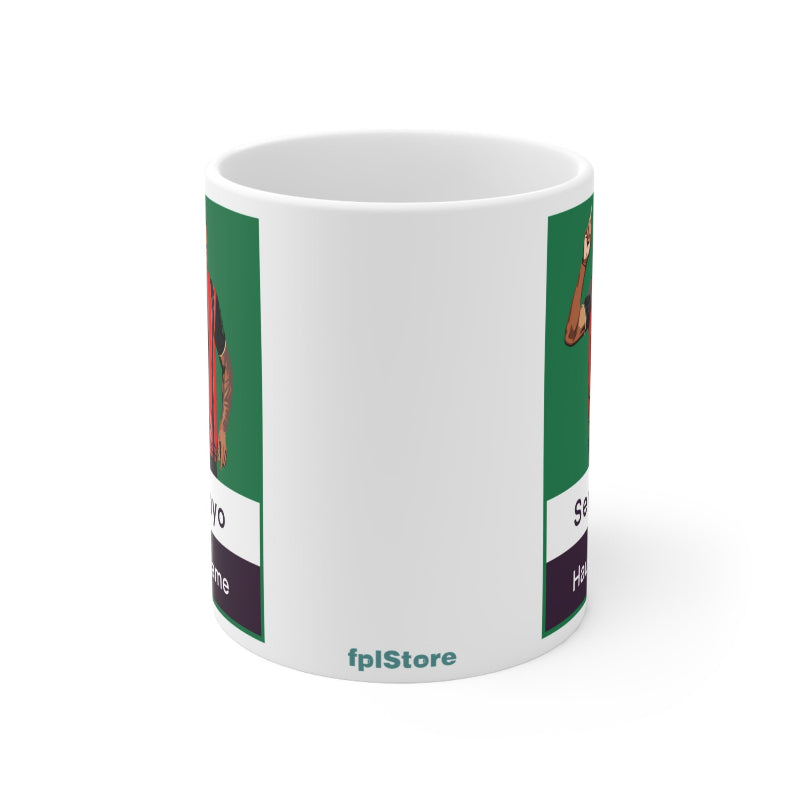 White mug with green and purple design on a white background