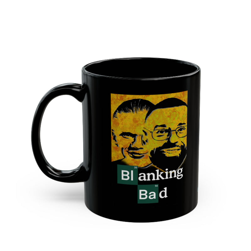 Black mug with 'Blanking Bad' graphic featuring two faces on a white background