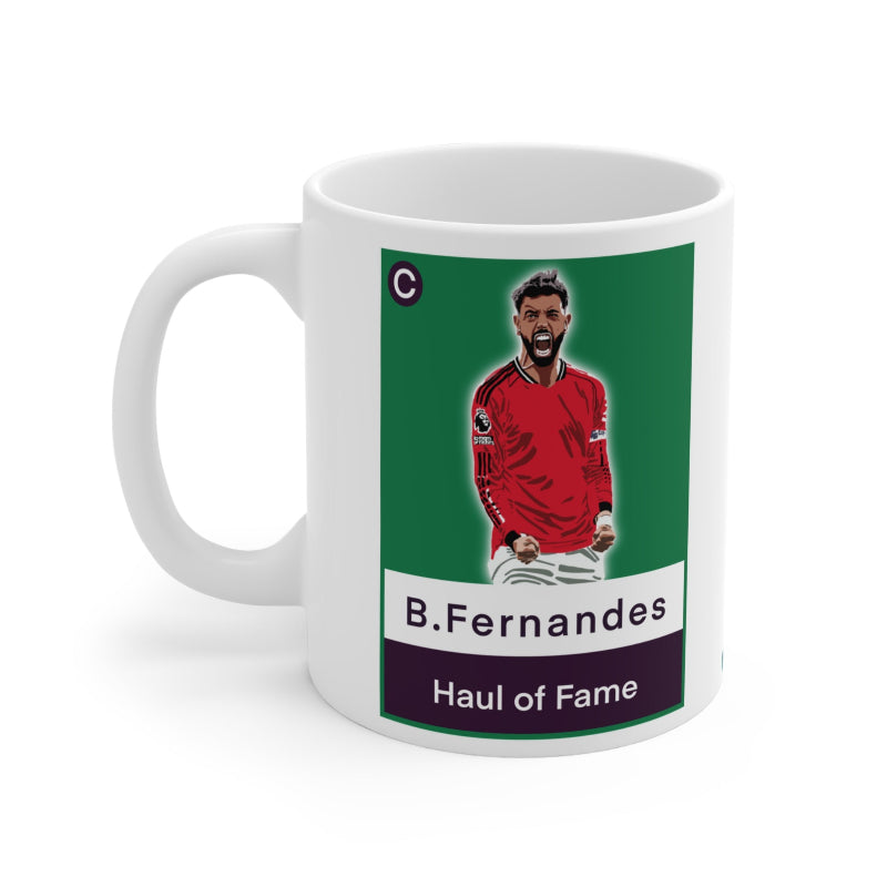 Mug with a sports player design featuring a green background and text.