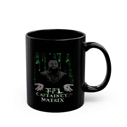 Black mug with a graphic design of a character from a movie, text, and a digital code pattern on a white background.