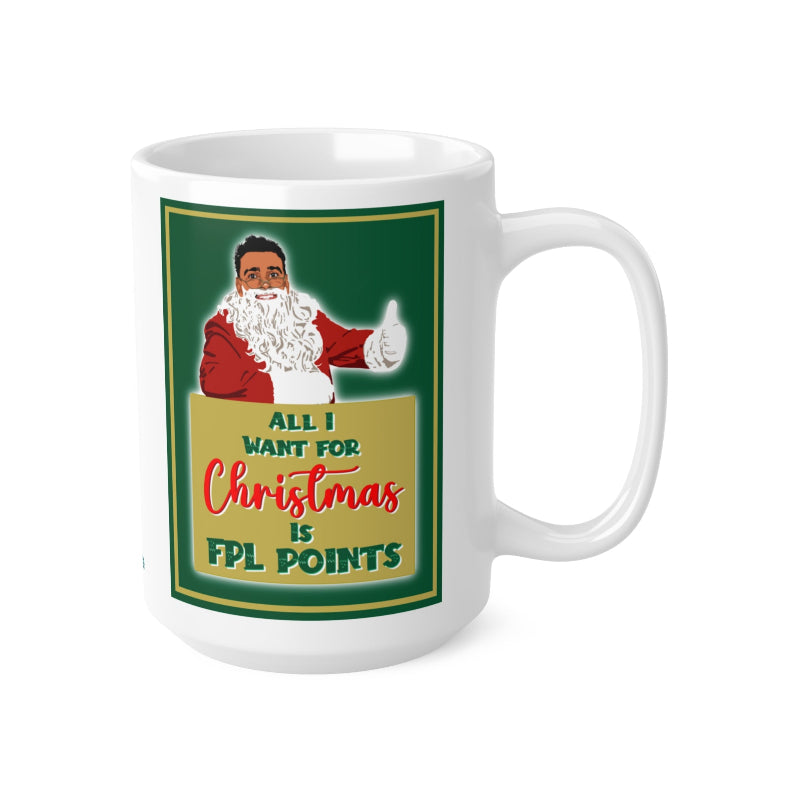 White mug with a graphic of Santa Claus and text on a white background