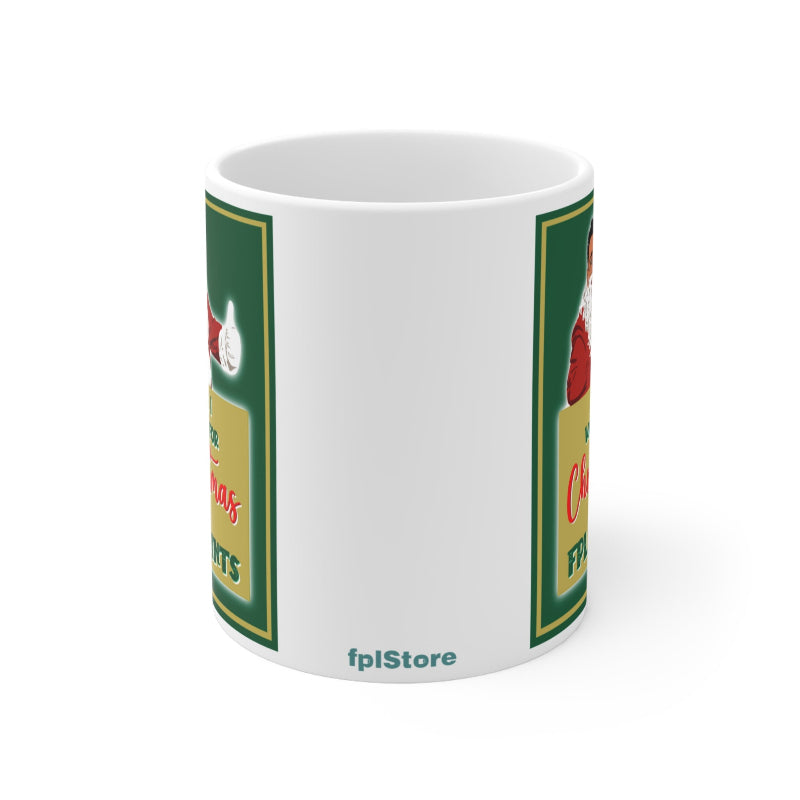 White mug with label design on a white background