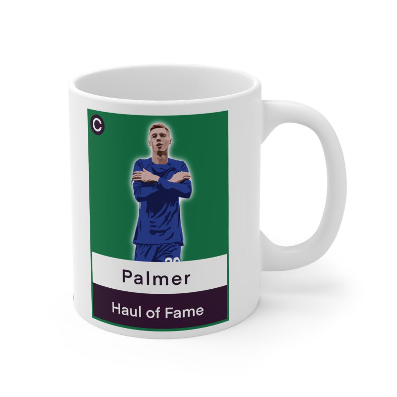 Mug with a graphic of a person in a blue outfit on a green background, labeled 'Palmer Haul of Fame'.