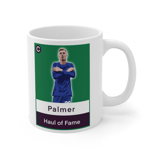 Mug with a graphic of a person in a blue outfit on a green background, labeled 'Palmer Haul of Fame'.