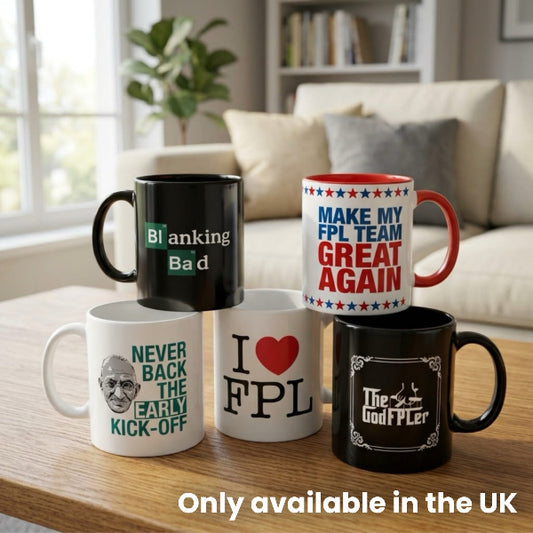 The GodFPLer, Make My FPL Team Great Again, I Love FPL, Gandhi and Blanking Bad mug collection