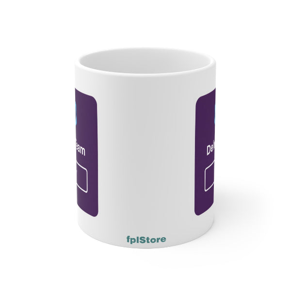 White mug with purple accents and text on a white background