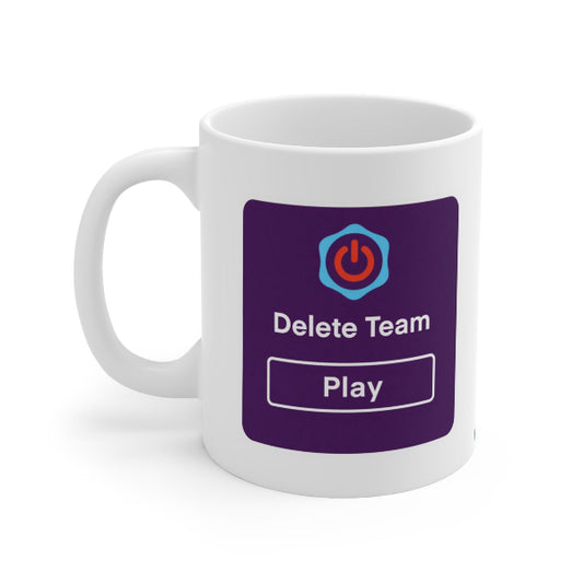 White mug with a purple label featuring text and a logo on a white background