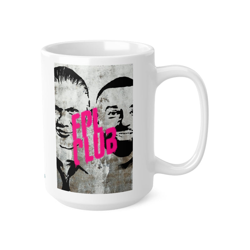 White mug with graphic design of two faces and 'FPL CLUB' text on a white background