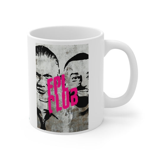 White mug with graphic design featuring two faces and 'FPL Club' text on a white background
