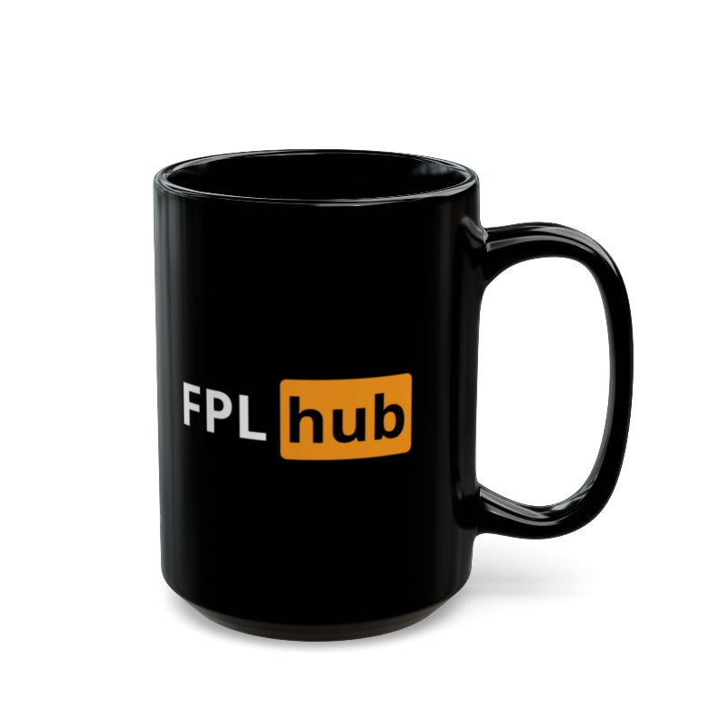 Black mug with FPL hub logo on a white background