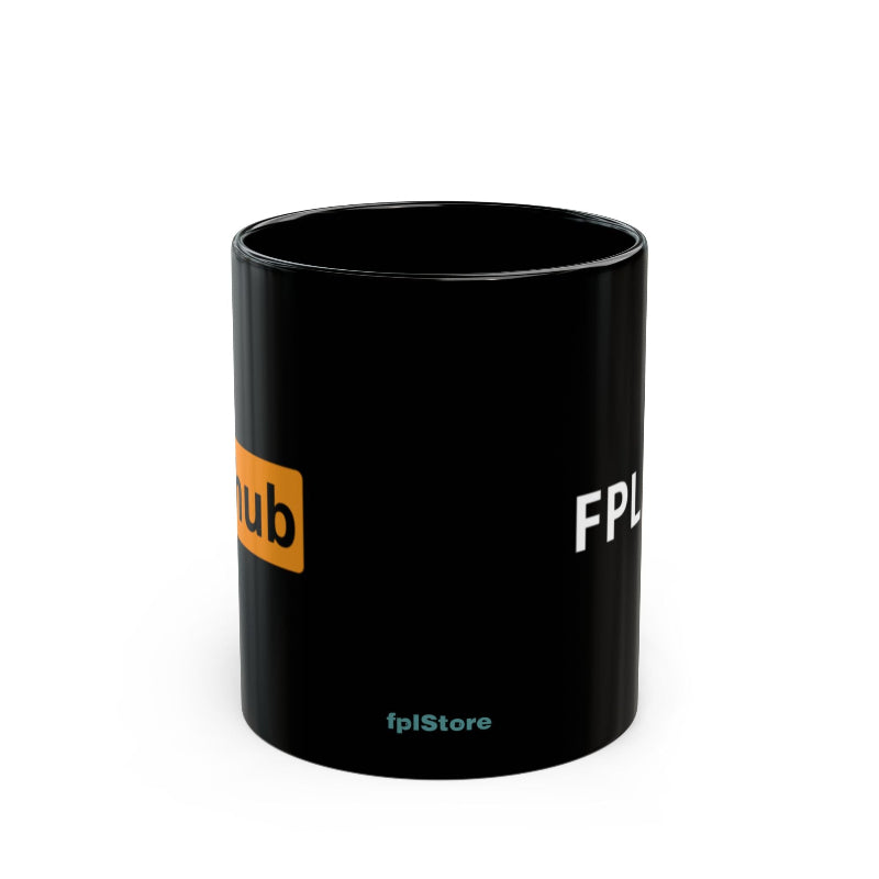 Black mug with 'FPL' branding on a white background