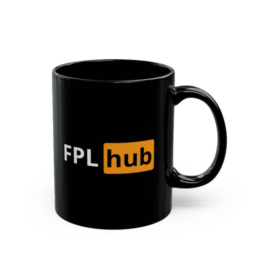 Black mug with FPL hub logo on a white background