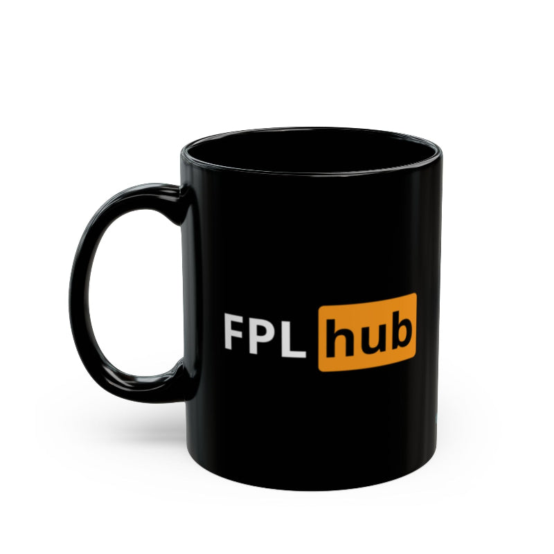 Black mug with FPL hub logo on a white background