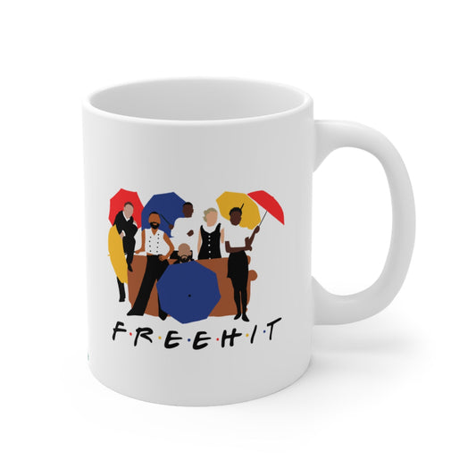 White mug with colorful graphic of people and the word 'FREEHIT' on a white background