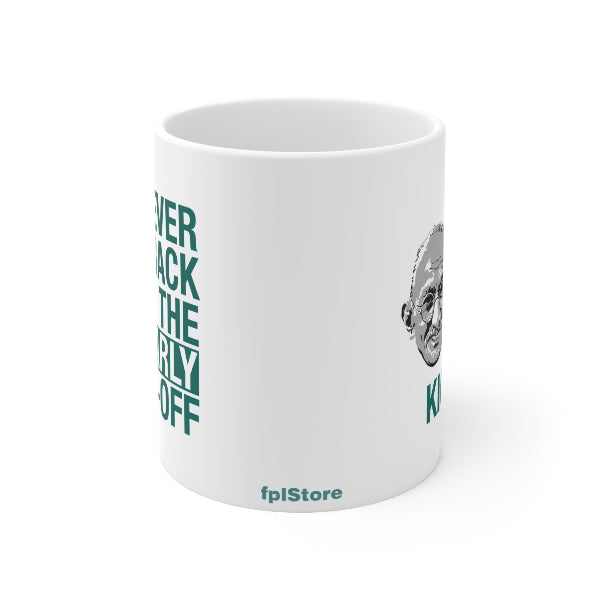 White mug with green text and a logo on a white background
