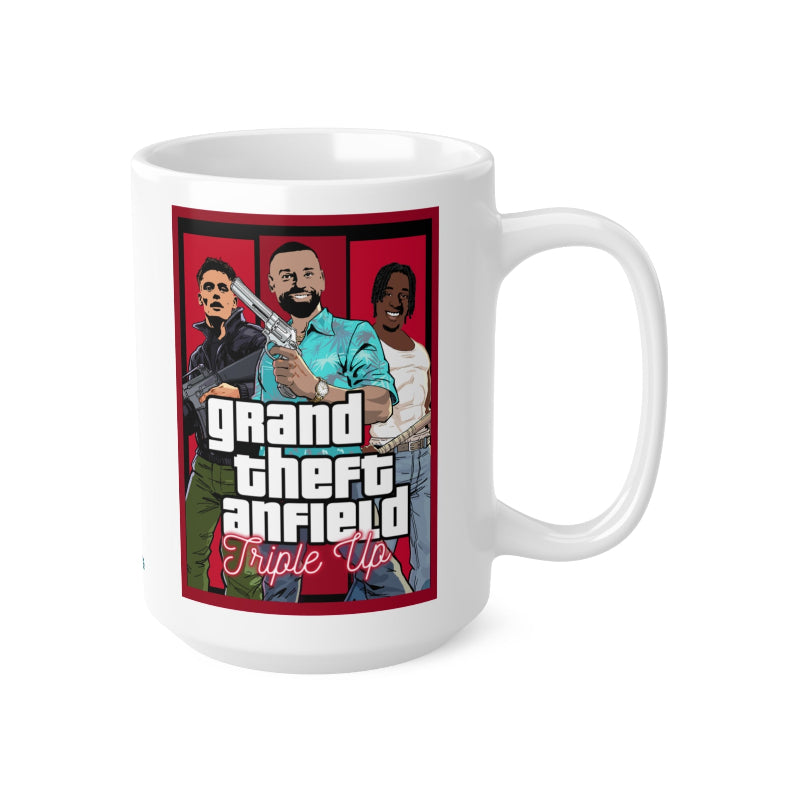 White mug with 'Grand Theft Anfield' graphic on a white background
