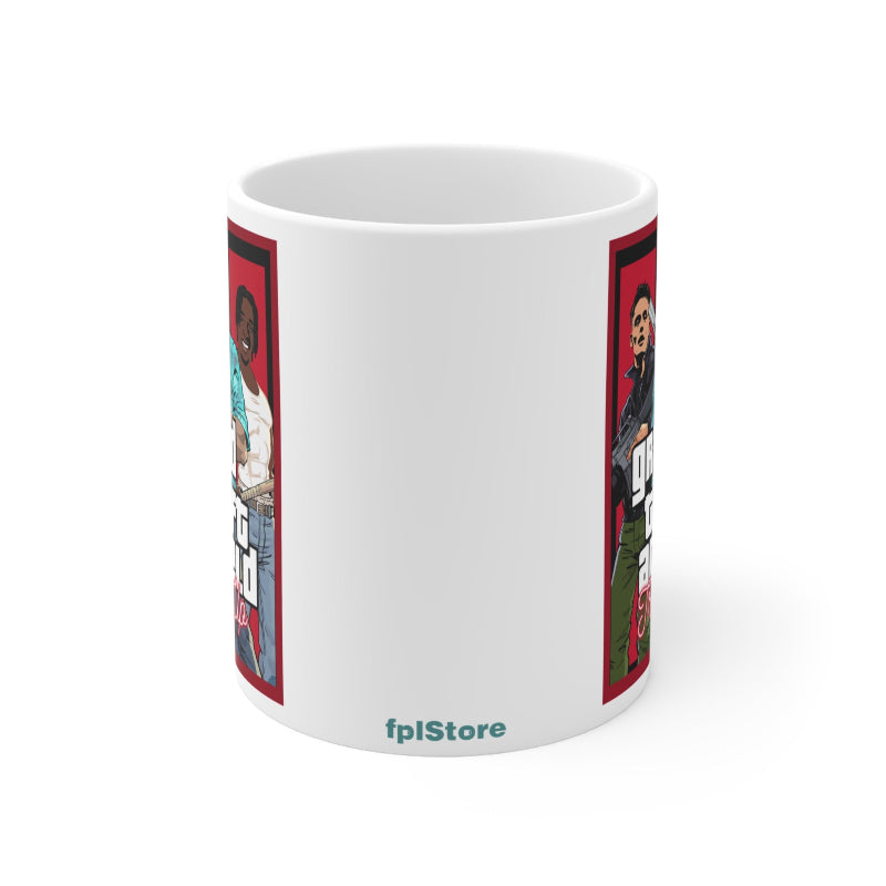 White mug with printed design on a white background