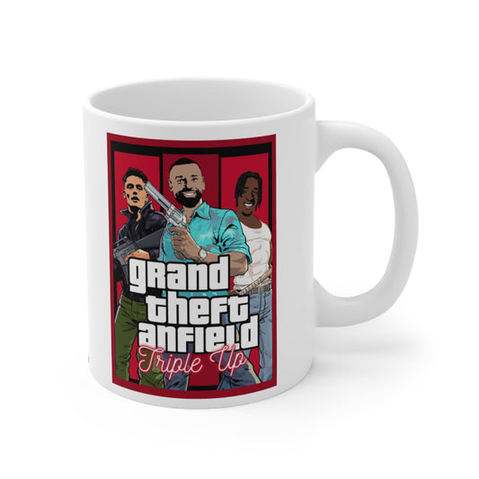 Mug with 'Grand Theft Anfield' design featuring characters and text on a white background