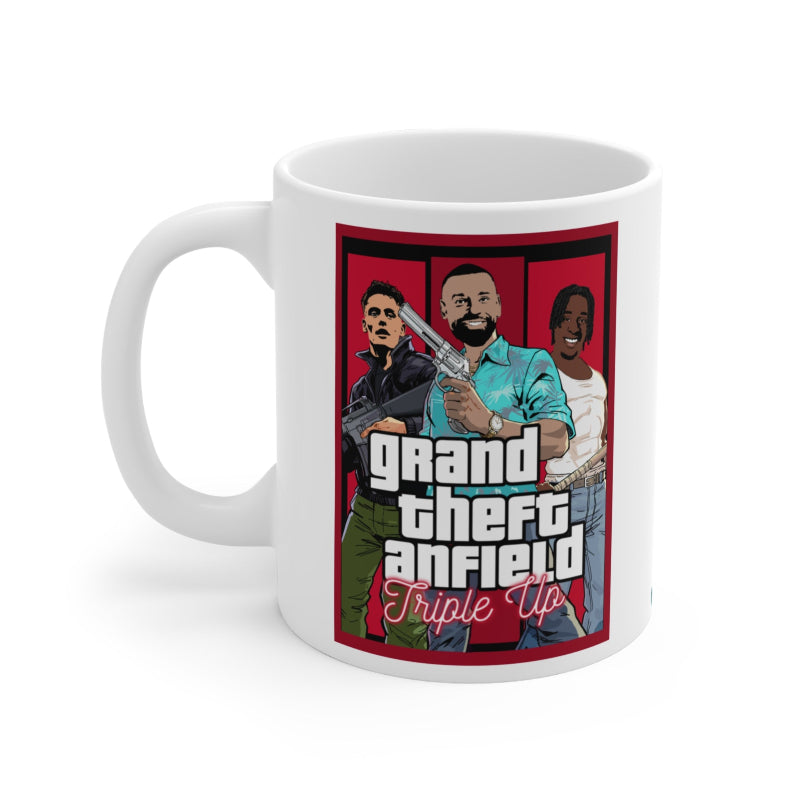 Mug with 'Grand Theft Anfield Triple Up' design featuring three people and a gun on a red background.