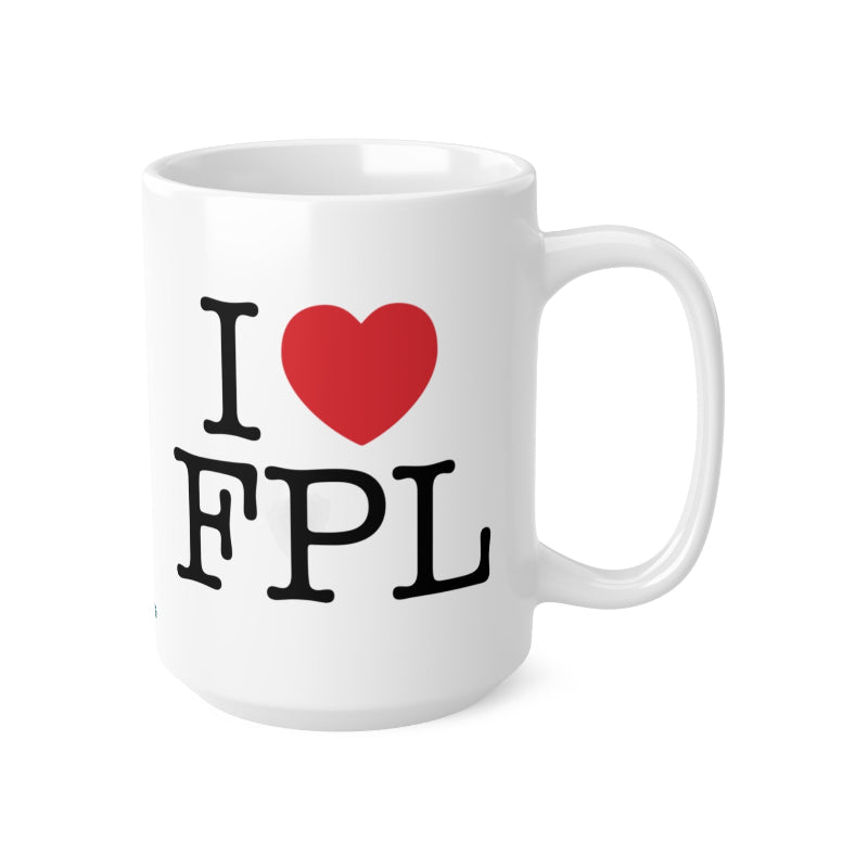 White mug with 'I ❤️ FPL' text on a white background