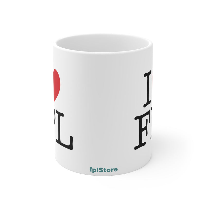 White mug with 'I ❤️ FPL' text on a white background