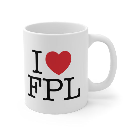 White mug with 'I ❤️ FPL' text on a white background