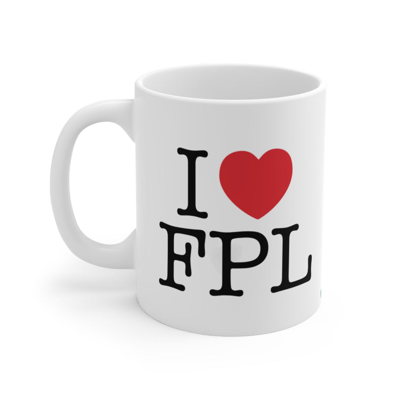 White mug with 'I ❤️ FPL' text on a white background