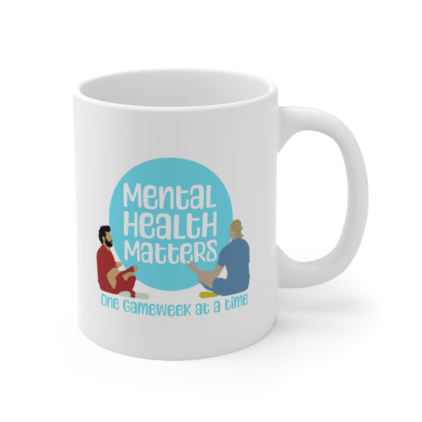 White mug with 'Mental Health Matters' graphic and text on a white background
