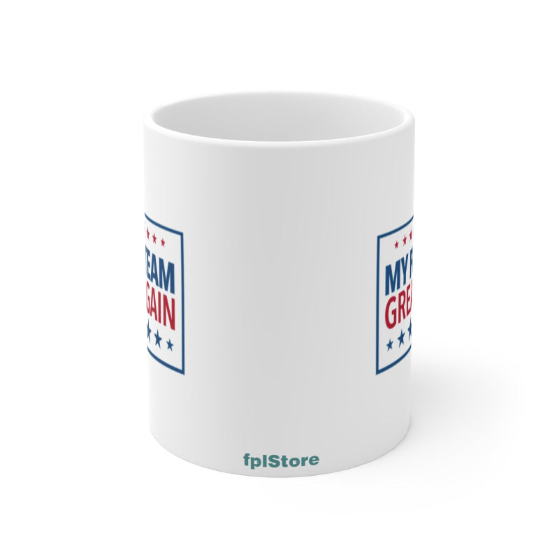 White mug with text and branding on a white background