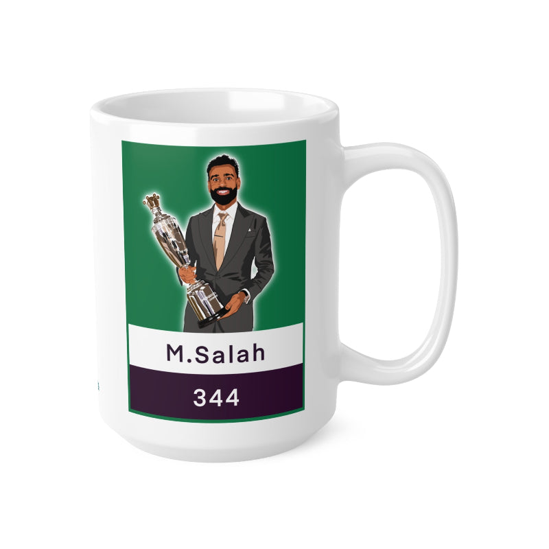 White mug with a graphic of a person in a suit holding a trophy on a green background, with text 'M.Salah' and number '344'.
