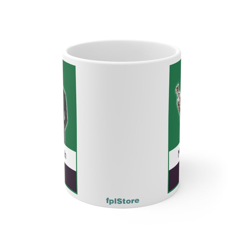 White mug with green and purple striped design on a white background