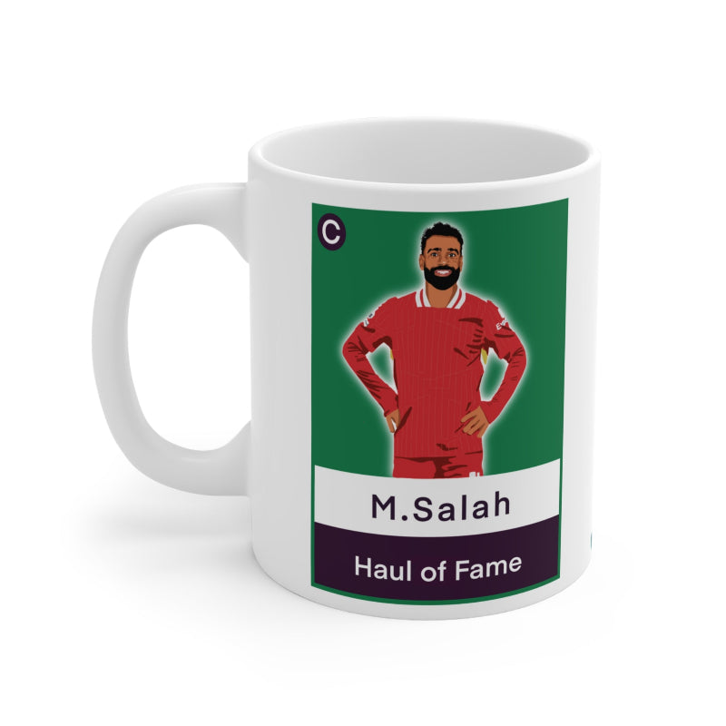 Mug with a graphic of a football player in a red jersey on a green background