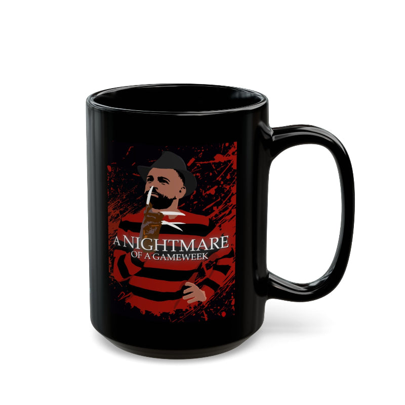 Black mug with a graphic design featuring a person with a beard and text 'A Nightmare of a Gameweek' on a white background.