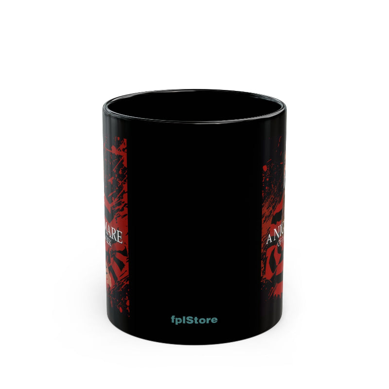 Black mug with red and white graphics on a white background