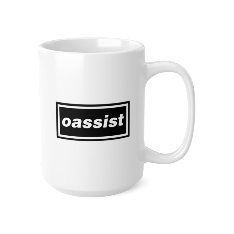 White mug with 'oassist' logo on a white background