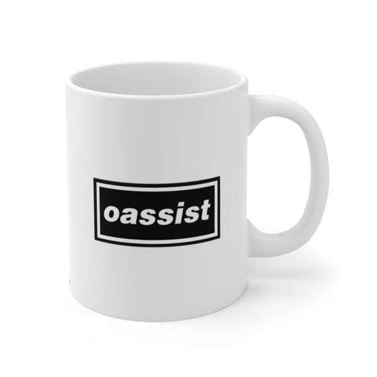 White mug with 'oassist' logo on a white background