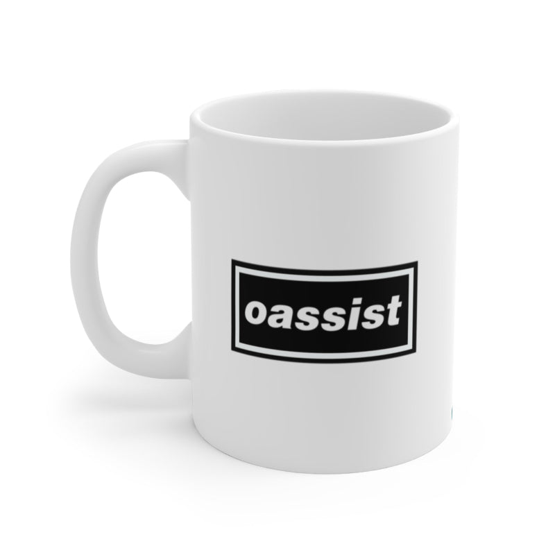 White mug with 'oassist' logo on a white background