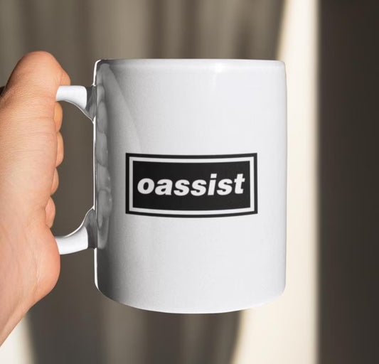 White FPL ceramic mug with Oassist design inspired by Oasis
