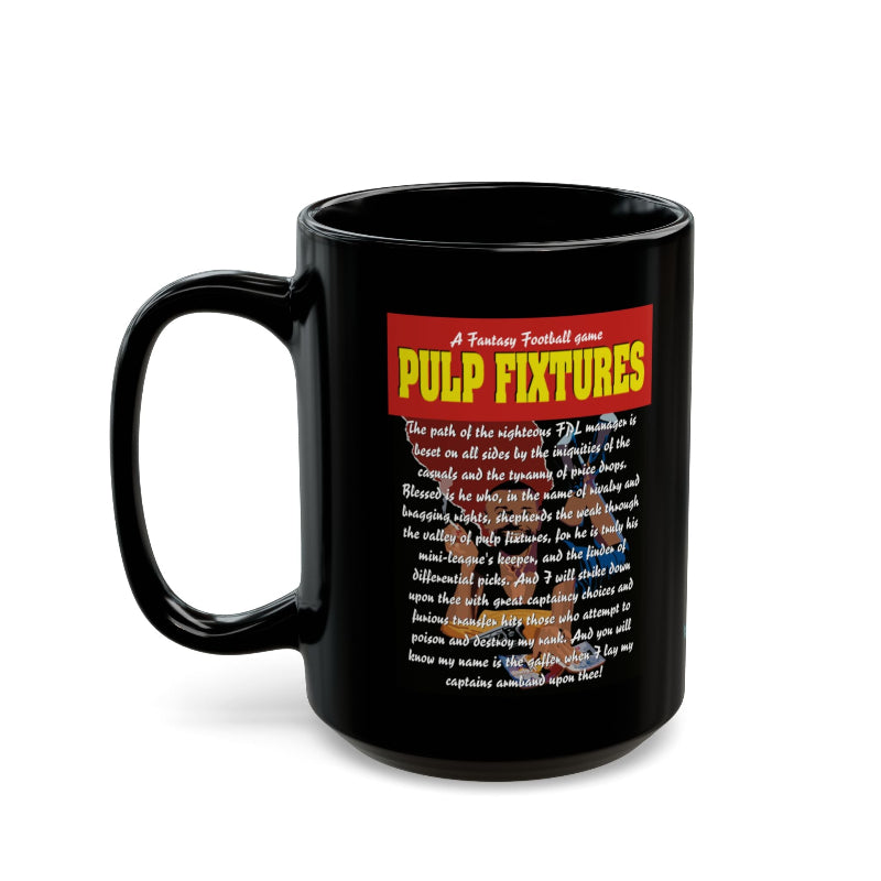 Black mug with 'Pulp Fixtures' text on a white background