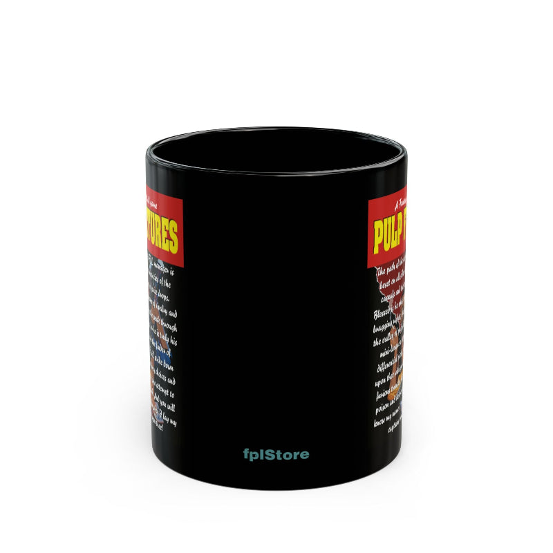 Black mug with colorful text and branding on a white background