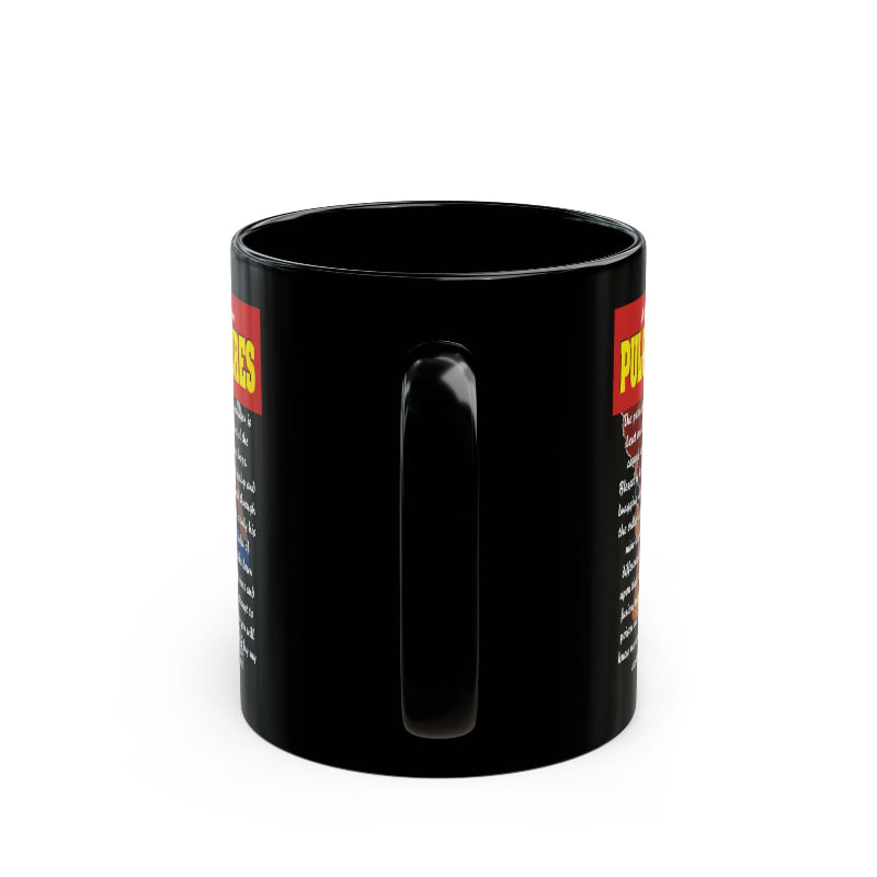 Black mug with colorful text and graphics on a white background