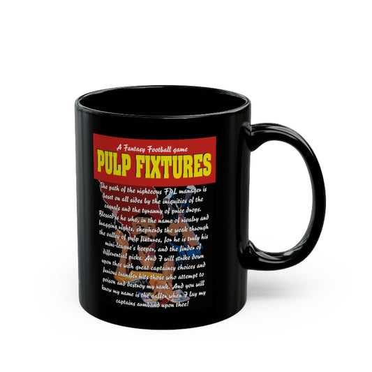 Black mug with 'Pulp Fixtures' text and design on a white background