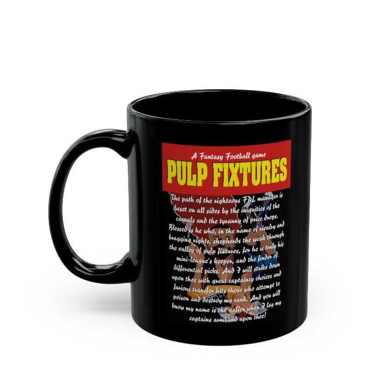 Black mug with 'Pulp Fixtures' text and design on a white background