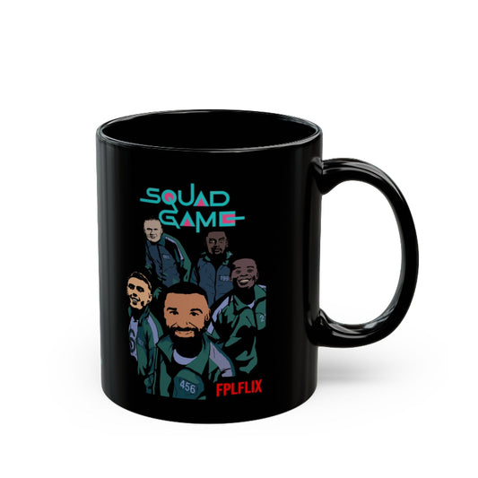 Black mug with 'Squad Game' design featuring people and text on a white background